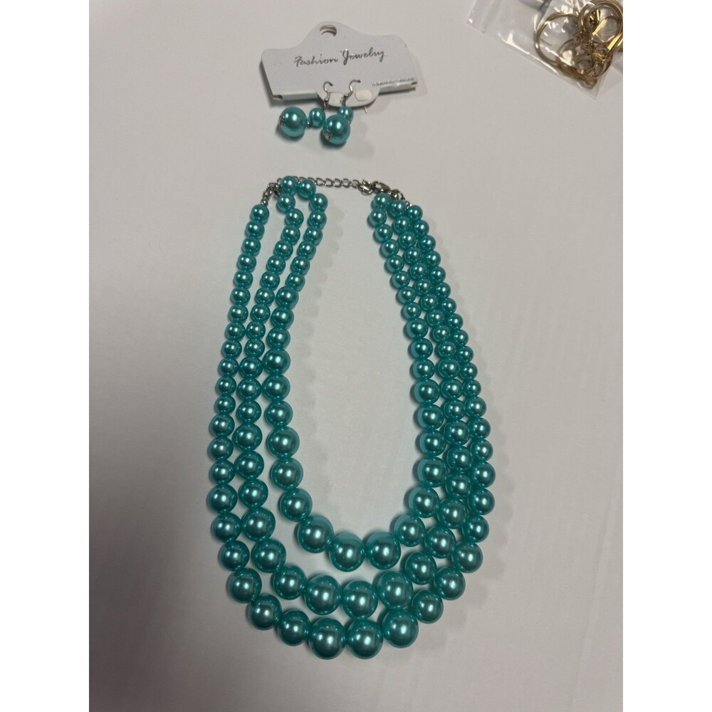 Large Faux Pearl Necklaces for Women Multi strand Pearl Necklace Earrings Blue